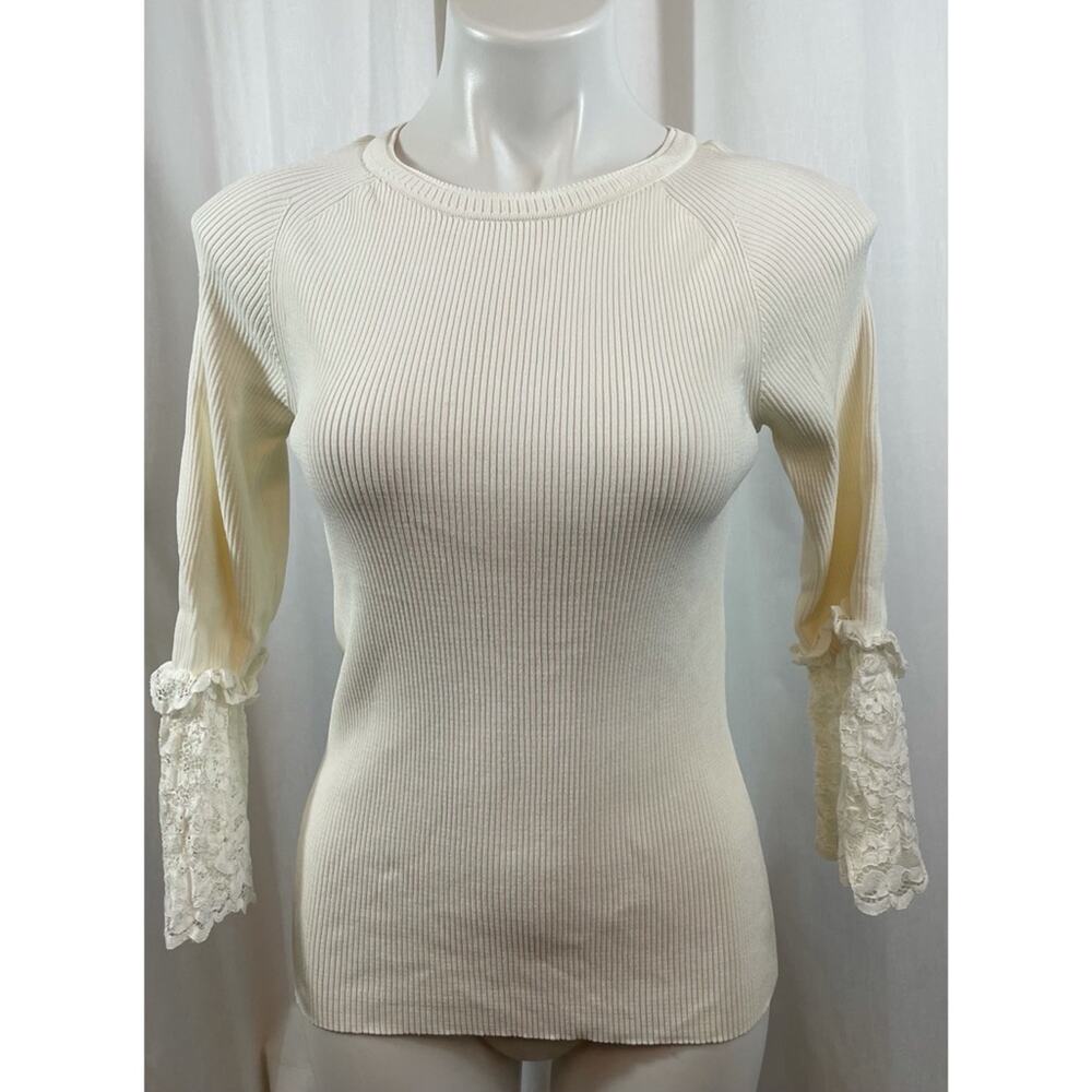 Carmen Marc Valvo Top Ribbed Lace Sleeves Stretch Off White Blouse